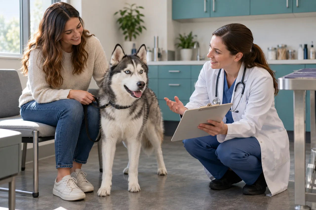 Owner discussing a husky with a veterinarian in a consultation room