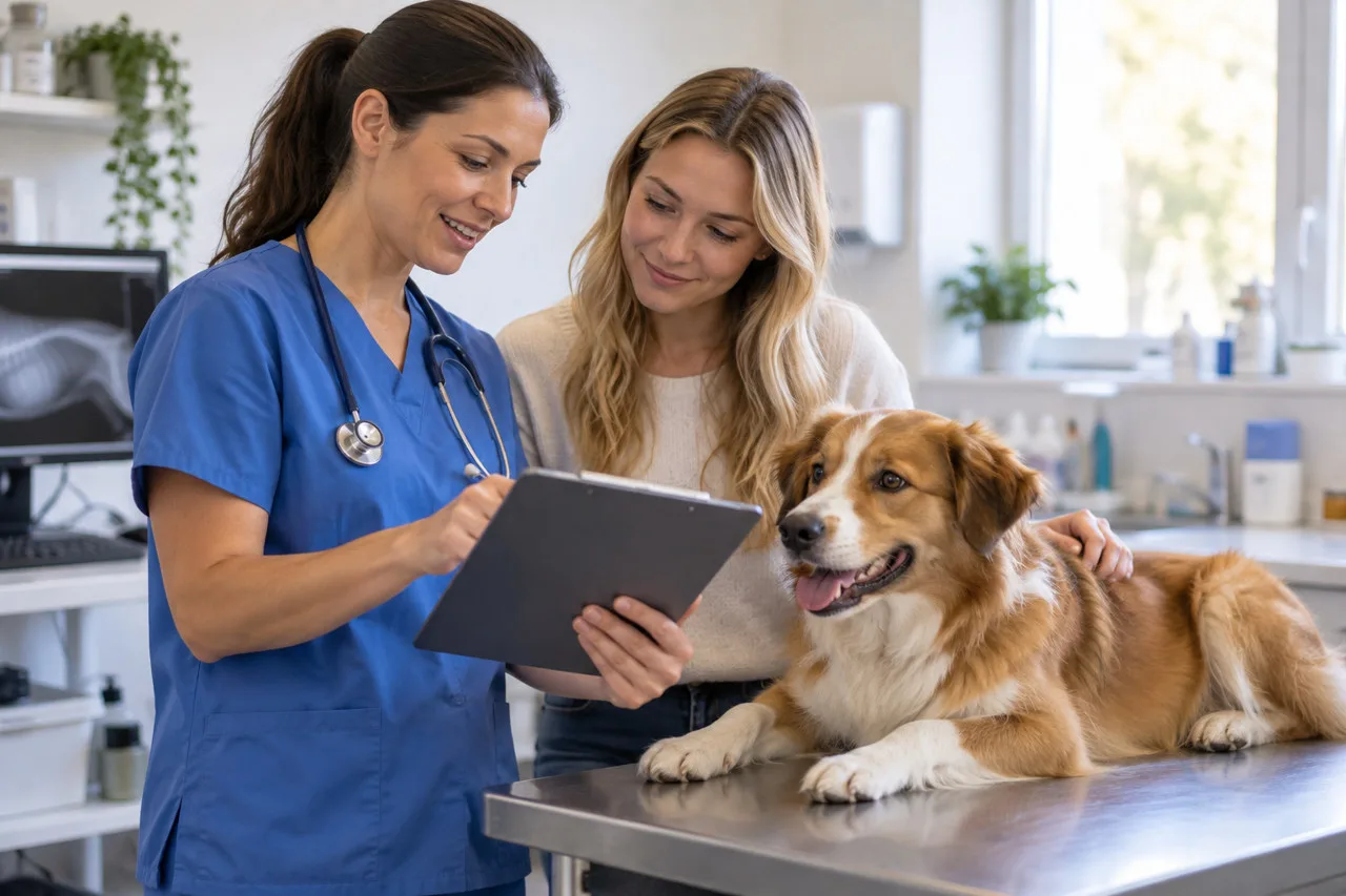 Veterinarian discussing a tablet with an owner beside a dog